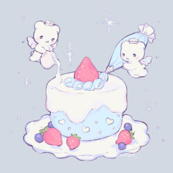  animal animal_focus bear blue_background blueberry cake commentary_request food food_focus fruit holding holding_pastry_bag no_humans original pastry_bag ponpul simple_background strawberry twitter_username wings 