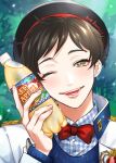  1boy apple_juice black_headwear bottle bottle_to_cheek bow brand_name_imitation brown_eyes brown_hair day highres holding holding_bottle imra_(punky_jam) long_sleeves male_focus neige_leblanche one_eye_closed outdoors red_bow smile solo twisted_wonderland upper_body 
