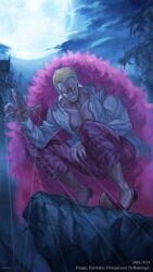  1boy arisue_kanako bare_pectorals blonde_hair cliff commentary_request dated donquixote_doflamingo feather_boa full_moon happy_birthday highres male_focus moon one_piece pants pectorals purple_pants shirt short_hair solo squatting white_shirt wire_manipulation 