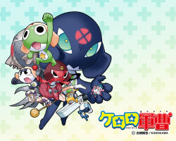  angol_mois belt black_eyes character_request copyright_name dororo_(keroro_gunsou) dress frog giroro glasses green_background grey_hair gun hat headphones keroro keroro_gunsou kururu_(keroro_gunsou) mask mouth_mask ninja_mask official_art official_wallpaper short_hair simple_background star_(symbol) tamama weapon yoshizaki_mine 