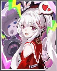  1girl black_hat braid butterfly-shaped_pupils clothing_cutout commentary diamond_(shape) diamond_facial_mark diamond_on_cheek dress facial_mark hat hat_ornament heart heart_facial_mark heart_on_cheek highres honkai:_star_rail honkai_(series) long_hair mark_under_both_eyes mini_hat mini_top_hat open_mouth plaid_clothes plaid_sleeves rabbit_ear_headwear rabbit_hat_ornament red_dress rootasu1236 shoulder_cutout sparkle_(honkai:_star_rail) sparxie_(honkai:_star_rail) speech_bubble spoken_heart symbol-shaped_pupils top_hat twintails untranslatable_commentary white_hair 