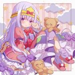  1girl aurora_sya_lis_kaymin bangs blunt_bangs bow clouds dress frills hair_bow hand_up kawanobe long_hair long_sleeves looking_at_viewer maou-jou_de_oyasumi pillow pink_footwear purple_bow purple_hair purple_legwear red_bow ribbon sitting sleeping stuffed_animal stuffed_toy teddy_demon very_long_hair violet_eyes wide_sleeves 