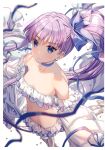  1girl absurdres bangs bare_shoulders bikini blue_bow blue_choker blue_eyes blurry blurry_background blush bow bubble choker closed_mouth collarbone depth_of_field earrings eyebrows_visible_through_hair fate/grand_order fate_(series) frilled_bikini frills from_above groin hair_between_eyes hair_bow high_ponytail highres jewelry long_hair long_sleeves looking_at_viewer meltryllis meltryllis_(swimsuit_lancer)_(fate) navel prosthesis prosthetic_leg puffy_long_sleeves puffy_sleeves purple_hair rosuuri scan side_ponytail simple_background sleeves_past_fingers sleeves_past_wrists solo swimsuit tsurime very_long_hair water_drop watermark web_address white_background white_bikini 