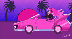 1girl bow-shaped_hair car caramelcoconuts cookie_run cookie_run:_ovenbreak cropped_jacket driving female glitter glitter_in_hair hair_blowing headset long_hair multicolored_hair pink_hair shining_glitter_cookie sunglasses supercar