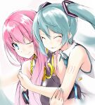  2girls ^_^ aki_no_koto aqua_hair aqua_nails aqua_neckwear armband bare_shoulders black_shirt blue_eyes closed_eyes commentary gold_trim hair_ornament hand_on_another&#039;s_arm hand_on_another&#039;s_shoulder hatsune_miku hug hug_from_behind lips long_hair megurine_luka multiple_girls nail_polish necktie one_eye_closed parted_lips pink_hair shirt shoulder_tattoo sleeveless sleeveless_shirt smile tattoo twintails upper_body very_long_hair vocaloid white_shirt yuri 