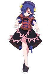  1girl absurdres baba_(baba_seimaijo) black_bow black_bowtie black_shoes black_skirt blush bow bowtie commentary_request full_body grin hat hat_ornament highres jiangshi looking_at_viewer miyako_yoshika outstretched_arms purple_hair purple_hat red_shirt shirt shoes short_sleeves simple_background skirt smile solo star_(symbol) star_hat_ornament touhou violet_eyes white_background zombie_pose 