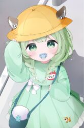  1girl aged_down animal_ears april_fools bow bowtie braid child commentary_request deer_ears deer_print dress ears_through_headwear frilled_dress frills from_above green_bow green_dress green_eyes green_hair hair_bow hat highres kindergarten_uniform long_hair long_sleeves low_twin_braids multiple_hair_bows name_tag natori_hinata nocchi_(r_ws2l) pacifier project_nebula school_hat second-party_source sleeves_past_wrists solo thermos twin_braids virtual_youtuber white_bow white_bowtie yellow_hat 
