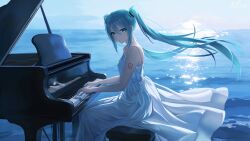  1girl absurdres bare_shoulders blue_eyes commentary_request hatsune_miku highres instrument kloan music ocean original piano playing_instrument sitting sky sleeveless solo twintails vocaloid 