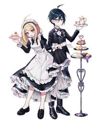  1boy 1girl :d ahoge akamatsu_kaede alternate_costume apron artist_name bangs black_dress black_footwear black_hair black_jacket black_pants black_ribbon black_vest blonde_hair brown_eyes butler cake cake_slice collared_shirt commentary_request cup dalrye_v3 dangan_ronpa dress enmaided food formal frilled_apron frilled_dress frills fruit full_body gloves hair_ornament highres holding holding_tray jacket juliet_sleeves long_hair long_sleeves looking_at_viewer maid maid_apron maid_dress maid_headdress neck_ribbon new_dangan_ronpa_v3 open_mouth pants plate puffy_sleeves repost_notice ribbon saihara_shuuichi sandwich shirt shoes short_hair simple_background skirt_hold smile standing strawberry strawberry_shortcake teacup teapot tray twitter_username vest white_apron white_background white_gloves white_shirt 