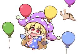  1girl american_flag american_flag_dress american_flag_legwear american_flag_print balloon blonde_hair blush blush_stickers chibi clownpiece commentary_request dress fairy fairy_wings flag_print hat highres jester_cap long_hair neck_ruff open_mouth pantyhose polka_dot polka_dot_headwear purple_hat red_eyes shitacemayo short_sleeves slug smile star_(symbol) star_print striped_clothes striped_dress striped_pantyhose touhou transparent_wings very_long_hair wings 
