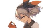  1girl bangs bea_(pokemon) black_hairband bow_hairband collared_shirt commentary_request eyelashes gloves grey_eyes grey_hair gym_leader hairband hand_up odd_(hin_yari) parted_lips partially_fingerless_gloves pokemon pokemon_(game) pokemon_swsh shirt solo upper_body 