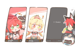  ! 1boy 2girls :d :o alice_thymefield animal_ear_fluff animal_ears bangboo_(zenless_zone_zero) black_sailor_collar blonde_hair blush bow bowtie bright_pupils character_select chibi chibi_only collared_shirt commentary_request dog_boy dog_ears eighth_note gameplay_mechanics hair_ornament hand_up heterochromia kamanosuke_(zenless_zone_zero) komano_manato long_hair long_sleeves low_twintails miss_esme_(zenless_zone_zero) multiple_girls musical_note open_mouth pink_sweater rabbit_ears rebecca_(keinelove) red_eyes red_hair sailor_collar scar scar_on_face shirt short_hair smile sphere_hair_ornament sweater translated twintails ukinami_yuzuha white_bow white_bowtie white_pupils white_shirt yellow_eyes zenless_zone_zero 