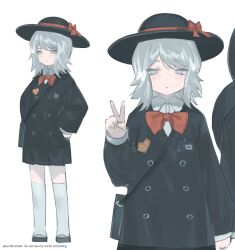  1boy 1girl absurdres black_jacket black_skirt blue_eyes closed_mouth faust_(project_moon) feet_out_of_frame highres jacket kindergarten_uniform limbus_company multiple_views pleated_skirt project_moon short_hair simple_background skirt socks white_background white_hair white_socks yi_sang_(project_moon) yuishironeko 