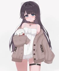  1girl absurdres black_choker black_hair blue_eyes blush brown_cardigan cardigan cardigan_partially_removed cha-shion choker closed_mouth commentary cowboy_shot dress haedungi_(shirayuki_hina) hair_intakes hair_ornament heart heart_hair_ornament heart_pendant highres holding holding_stuffed_toy jewelry long_hair long_sleeves looking_at_viewer necklace nightgown parted_bangs pout raised_inner_eyebrows shirayuki_hina short_dress simple_background sleeveless sleeveless_dress sleeves_past_fingers sleeves_past_wrists solo spaghetti_strap standing stellive straight_hair stuffed_animal stuffed_toy thigh_strap white_background white_dress 