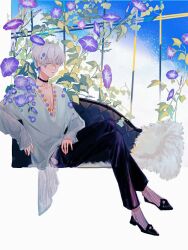  1boy black_choker black_pants black_shoes blue_ribbon border chinese_commentary choker closed_mouth clouds commentary_request couch crossed_legs cushion day diamond_(shape) diamond_print elbow_rest expressionless flower flower_ornament full_body hair_between_eyes hand_on_own_thigh highres invisible_chair light_and_night_love long_sleeves looking_ahead low_block_heels male_focus morning_glory ni_ni_mu_liushengji on_couch outside_border pants petal_on_head plant purple_flower purple_socks qi_sili ribbon ribbon_earrings shirt shoes short_hair sitting sleeves_past_wrists socks solo striped_clothes striped_socks v-shaped_eyebrows white_border white_hair white_shirt window yellow_eyes 