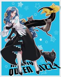  1girl :o angel_wings black_cat black_gloves blue_background blue_hair border bow braid braided_ponytail cat character_name commentary_request commission commissioner_name dizzy_(guilty_gear) dotted_background dress elbow_gloves english_text fingerless_gloves flower full_body gloves grey_border guilty_gear guilty_gear_strive hair_flower hair_ornament high_heels highres kanea_(nikoinoillust) long_hair looking_at_viewer mature_female open_mouth queen_dizzy red_eyes ribbon sidelocks simple_background solo star_(symbol) swept_bangs tail very_long_hair white_flower wings yellow_bow yellow_flower 