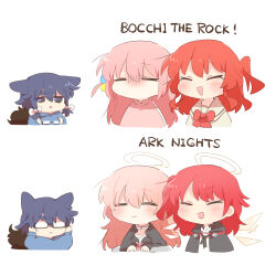  5girls animal_ears arknights blue_hair bocchi_the_rock! closed_eyes color_connection commentary_request copyright_name exusiai_(arknights) exusiai_the_new_covenant_(arknights) glasses gotoh_hitori hair_color_connection hairstyle_connection halo holding holding_removed_eyewear kemono-chan_(rebecca) kita_ikuyo lemuen_(arknights) long_hair look-alike meme multiple_girls one_side_up open_mouth original peter_parker's_glasses_(meme) pink_hair rebecca_(keinelove) red_hair smile unworn_eyewear upper_body 