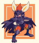  artist_name cinderace commentary_request corviknight corviknight_(cosplay) cosplay full_body gen_8_pokemon legs_apart makoto_ikemu open_mouth pokemon pokemon_(creature) red_eyes smile solo standing tongue watermark 