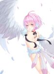  1girl absurdres bird_tail bird_wings blush breasts eyebrows_visible_through_hair feathered_wings feathers harpy head_feathers highres monster_girl original panties pink_eyes pink_feathers pink_hair short_hair small_breasts solo tail_feathers underwear white_feathers winged_arms wings xiao_xiao_tian 