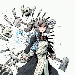  1girl apron black_dress bloody_marie_(skullgirls) bone brooch commentary dress hangong1001 jewelry long_hair maid medium_hair red_eyes ribs skeleton skull skullgirls twintails 