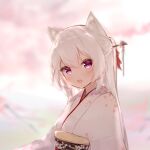  1girl animal_ears bangs blurry blurry_background floral_print flower fox_ears fox_girl guo582 hair_between_eyes hair_ornament highres japanese_clothes kimono long_hair looking_at_viewer obi open_mouth original rose sash solo tied_hair very_long_hair violet_eyes white_hair white_kimono white_theme 