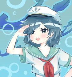  1girl absurdres anchor anchor_symbol aqua_eyes black_hair blush collared_shirt gomi_(gigagomi) hat highres murasa_minamitsu neckerchief open_mouth red_neckerchief sailor_hat shirt short_hair short_sleeves solo touhou upper_body white_hat white_shirt 