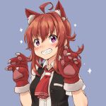  1girl ahoge animal_ears arashi_(kantai_collection) black_vest breasts dress_shirt fake_animal_ears gloves kantai_collection messy_hair neckerchief paw_gloves paws red_neckwear redhead shirt short_sleeves small_breasts smile solo tr-6 upper_body vest white_shirt yellow_eyes 