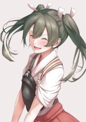  1girl absurdres closed_eyes commentary_request green_hair hair_between_eyes hair_ribbon hakama highres japanese_clothes kantai_collection long_hair muneate onozuka_yuruo open_mouth red_hakama ribbon smile solo tasuki twintails upper_body white_ribbon zuikaku_(kancolle) zuikaku_kai_ni_(kancolle) 