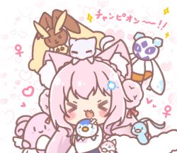  >_< :d altaria animal_ear_fluff animal_ears blissey blue_skirt chibi closed_eyes crossed_bandaids crossover crying crying_with_eyes_open double_bun fang froslass hair_bun hakui_koyori hakui_koyori_(1st_costume) heart heart_background highres hololive hug jacket kokoro_(hakui_koyori) long_hair long_sleeves lopunny mew_(pokemon) mitarashi_neko pink_hair piplup pokemon pokemon_(creature) skirt smile sparkle tail tears translation_request venus_symbol very_long_hair virtual_youtuber white_jacket wide_sleeves xd 