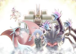  1girl absurdres animal_ear_fluff animal_ears annihilape blue_hair blush braid carrot_hair_ornament closed_eyes closed_mouth collared_shirt commentary dragon fangs food-themed_hair_ornament garganacl grey_jacket hair_ornament highres holding holding_poke_ball hololive iron_jugulis jacket long_hair long_sleeves necktie non-humanoid_robot nostrils open_mouth poke_ball pokemon pokemon_(creature) pokemon_sv pokemon_team purple_necktie rabbit_ears rabbit_girl robot salamence school_uniform shirt smile sparkle sylveon tmo88 twin_braids twintails usada_pekora uva_academy_school_uniform v-shaped_eyes white_background white_shirt yellow_eyes 