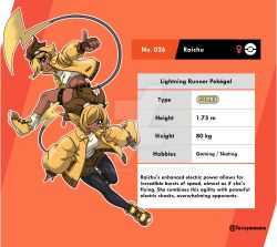  2girls artist_name bandaid bandaid_on_face bandaid_on_nose black_eyes blonde_hair brown_hair brown_shorts character_profile crop_top deviantart_logo deviantart_username english_text fang goggles goggles_on_head hair_over_one_eye height highres jacket looking_at_viewer multicolored_hair multiple_girls orange_background pantyhose personification pokedex_number pokemon raichu shorts skin_fang sleeves_past_wrists smile socks sonic_(series) sonic_adventure sonic_adventure_pose tail taruyamame thigh_strap tomboy venus_symbol weight yellow_jacket 