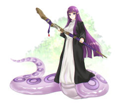  1girl absurdres black_coat black_robe blunt_bangs coat commentary_request dress fern_(sousou_no_frieren) full_body highres holding holding_staff leaf leaf_background long_hair long_sidelocks long_sleeves mage_staff monsterification partially_translated pointy_ears psychowolf purple_hair purple_tail robe shiny_skin sidelocks solo sousou_no_frieren staff straight_hair translation_request very_long_sidelocks violet_eyes white_background white_dress wide_sleeves 