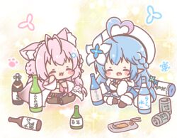  2girls :d ^_^ ahoge animal_ear_fluff animal_ears beret black_shoes blue_hair blue_jacket blue_skirt blush_stickers boots bottle braid breasts brown_boots brown_pantyhose chibi chopsticks closed_eyes crown_braid fang flower food fur-trimmed_boots fur-trimmed_jacket fur-trimmed_sleeves fur_trim gradient_hair hair_flower hair_ornament hakui_koyori hakui_koyori_(1st_costume) hat heart heart_ahoge highres hololive jacket kokoro_(hakui_koyori) large_breasts long_sleeves mitarashi_neko multicolored_hair multiple_girls necktie open_clothes open_jacket pantyhose pink_hair pink_necktie pointy_ears shirt shoes sitting skirt smile snowflakes streaked_hair tail thigh-highs thighhighs_under_boots vial virtual_youtuber white_flower white_hat white_jacket white_shirt white_thighhighs wide_sleeves yukihana_lamy yukihana_lamy_(1st_costume) 