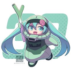  1girl blue_eyes chibi chibi_only commentary_request cosplay food full_body gundam hair_between_eyes hatsune_miku hibun_tsukasa holding holding_food holding_vegetable long_hair mobile_suit_gundam open_mouth solo spring_onion vegetable zaku_ii zaku_ii_(cosplay) 