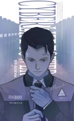  1boy adjusting_clothes adjusting_necktie android arms_up bec085523 brown_eyes closed_mouth collared_shirt commentary connor_(detroit) detroit:_become_human english_text highres jacket layered_sleeves long_sleeves looking_down male_focus necktie shirt solo upper_body wing_collar 
