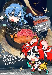  0th_generation_(hololive) 2girls animal_ear_fluff animal_ears artist_name asymmetrical_legwear asymmetrical_sleeves beret black_collar black_dress black_hat blue_eyes blue_hair bow cheese chibi choker collar collared_dress colored_inner_hair commentary commentary_request dice_hair_ornament dress flat_color food garter_straps green_hair_ornament green_ribbon hair_between_eyes hair_ornament hakos_baelz hakos_baelz_(1st_costume) hat highres holocouncil hololive hololive_english holopromise hoshimachi_suisei hoshimachi_suisei_(casual) jacket jewelry key key_necklace lace lace_sleeves layered_sleeves long_hair long_sleeves looking_at_another mika_pikazo miniskirt mismatched_legwear mismatched_sleeves mixed-language_commentary mouse_ears mouse_girl mouse_tail mousetrap multicolored_hair multicolored_skirt multiple_girls neck_ribbon necklace o-ring o-ring_thigh_strap official_alternate_costume official_alternate_hairstyle official_artist_extra one_side_up open_mouth orange_pantyhose pantyhose photo_background quilted_headwear ribbon shirt short_dress short_over_long_sleeves short_sleeves single_garter_strap single_loose_sock skirt smile sparkle spiked_collar spikes star_(symbol) star_in_eye strapless strapless_shirt streaked_hair swept_bangs symbol_in_eye tail tail_bow tail_ornament the_first_take thigh_strap translation_request virtual_youtuber white_shirt 