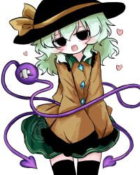  1girl black_eyes black_hat black_thighhighs blush bow buttons collared_shirt commentary_request contrast_collar crossed_bandaids diamond_button empty_eyes eyeball floral_print frilled_shirt_collar frilled_sleeves frills green_hair green_skirt hat hat_bow heripantomorrow komeiji_koishi long_hair long_sleeves looking_at_viewer open_mouth print_skirt rose_print shirt simple_background skirt smile solo thigh-highs third_eye touhou white_background wide_sleeves yellow_bow yellow_shirt 