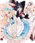  1boy 1girl :d ahoge akamatsu_kaede alice_(wonderland) alice_(wonderland)_(cosplay) alice_in_wonderland alternate_costume animal_ears apron bangs black_bow black_hair black_headwear blonde_hair blue_dress blush bow bowtie breasts brown_eyes brown_footwear candy card commentary_request cosplay cup dalrye_v3 dangan_ronpa dress food frilled_apron frilled_dress frills fruit gloves hair_ornament hat jacket long_hair long_sleeves looking_at_viewer medium_breasts musical_note musical_note_hair_ornament new_dangan_ronpa_v3 open_mouth pants pink_eyes playing_card pocket_watch puffy_short_sleeves puffy_sleeves rabbit_ears red_ribbon ribbon saihara_shuuichi shirt shoes short_hair short_sleeves smile strawberry striped striped_jacket striped_pants teacup thigh-highs top_hat twitter_username waist_apron watch white_apron white_gloves white_legwear white_pants white_rabbit white_rabbit_(cosplay) white_shirt 