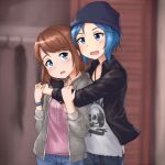  2girls beanie black_jacket blue_eyes blue_hair blurry blurry_background chloe_price eyebrows_visible_through_hair grey_jacket hat highres hug hug_from_behind jacket life_is_strange max_caulfield mohya multiple_girls open_mouth wristband yuri 