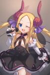 1girl ;d abigail_williams_(fate/grand_order) bangs black_dress blonde_hair blue_eyes blush breasts commentary cosplay dress elizabeth_bathory_(fate) elizabeth_bathory_(fate)_(all) elizabeth_bathory_(fate)_(cosplay) english_commentary fate/extra fate/extra_ccc fate/grand_order fate_(series) forehead highres horns long_hair looking_at_viewer microphone miya_(miyaruta) one_eye_closed open_mouth parted_bangs sidelocks small_breasts smile solo tail two_side_up wink