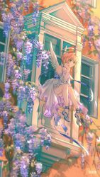  1girl absurdres angel_wings ankle_ribbon bare_legs bare_shoulders blue_ribbon brown_hair building cardcaptor_sakura chinese_commentary closed_mouth commentary_request dress elbow_gloves feathered_wings flower full_body gloves green_eyes hair_intakes halo head_on_hand head_rest high-low_dress highres kinomoto_sakura leg_ribbon light_particles long_dress looking_ahead open_window outdoors plant purple_dress purple_flower ribbon shoes short_hair sitting sitting_in_window smile solo strapless strapless_dress tanling traditional_halo two-sided_dress two-sided_fabric vines waist_ribbon white_dress white_gloves white_shoes white_wings window wings wisteria 