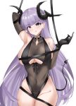  1girl absurdres azur_lane black_gloves black_leotard breasts brown_leotard clothing_cutout curled_horns demon_horns demon_tail detached_sleeves eyebrows_visible_through_hair gloves gneisenau_(azur_lane) gneisenau_(nightmarish_succubus)_(azur_lane) halloween_costume hamu_(yuni0349) heart heart-shaped_pupils highleg highleg_leotard highres horns large_breasts leotard long_hair looking_at_viewer no_panties pubic_tattoo purple_hair see-through sideboob simple_background skindentation solo symbol-shaped_pupils tail tattoo underboob_cutout very_long_hair white_background 