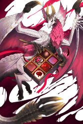  absurdres ambiguous_red_liquid box box_of_chocolates brown_scales chocolate claws colored_sclera colorful_background commentary_request dragon flying gold_horns highres horns krypton light_particles malzeno_(monster_hunter) monster monster_focus monster_hunter_(series) pink_background red_background red_sclera scales slit_pupils solo tail torn_wings white_background white_scales wings 