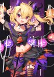  1girl :d ahoge alternate_costume bat_ornament black_bow black_skirt blonde_hair bow chain choker claw_pose collarbone commentary_request cowboy_shot cravat crop_top cross dated fangs flandre_scarlet gradient gunjou_row hair_between_eyes hair_bow highres horns inverted_cross jack-o&#039;-lantern looking_at_viewer midriff multicolored multicolored_nails navel no_hat no_headwear o-ring o-ring_choker off-shoulder_shirt off_shoulder one_side_up open_mouth orange_neckwear orange_skirt red_eyes see-through_sleeves shirt short_hair side_ponytail signature silk skirt slit_pupils smile solo spider_web standing striped striped_legwear thigh-highs touhou v-shaped_eyebrows wrist_cuffs 