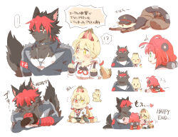  1boy 2girls alice_thymefield animal_ears black_gloves black_hair blonde_hair blush closed_mouth collared_shirt commentary_request cropped_torso dog_boy dog_ears dog_tail earclip fingerless_gloves furrification furry furry_female furry_male gloves green_eyes hair_ornament heterochromia kamanosuke_(zenless_zone_zero) komano_manato long_hair long_sleeves low_twintails multicolored_hair multiple_girls open_mouth pink_sweater rabbit_ears rebecca_(keinelove) red_eyes red_hair shirt simple_background sphere_hair_ornament sweater tail translation_request twintails two-tone_hair ukinami_yuzuha white_background white_shirt yellow_eyes zenless_zone_zero 