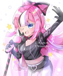 belt bow-shaped_hair cookie_run cookie_run:_ovenbreak cropped_jacket glitter glitter_in_hair headset heart holding holding_microphone holding_microphone_stand jaime_2526 long_hair looking_at_viewer microphone microphone_stand multicolored_hair one_eye_closed pants pink_hair producer_mic shining_glitter_cookie smile white_pants