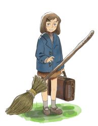  1girl arm_at_side arms_at_sides backlighting blush briefcase broom brown_hair brown_shorts buttons full_body grass grey_eyes grey_socks grey_sweater hair_ornament hairclip hand_up highres holding holding_briefcase holding_suitcase jacket lapels long_sleeves looking_at_viewer mary_janes medium_hair nostrils original parted_lips pokoro ribbed_sweater shoes shorts simple_background skirt socks solo standing suitcase sweater swept_bangs tareme turtleneck turtleneck_sweater white_background 