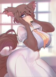  alternate_breast_size_(larger) animal_ears artist_name ass beastars blurry blurry_background breasts collared_shirt covering_own_eyes dress english_commentary finger_claws furry furry_female gigantic_breasts huge_ass huge_breasts indoors juno_(beastars) landysh leaning_to_the_side necktie open_mouth school_uniform shirt short_sleeves solo standing tail thick_thighs thighs upper_body violet_eyes wolf wolf_ears wolf_girl wolf_tail 