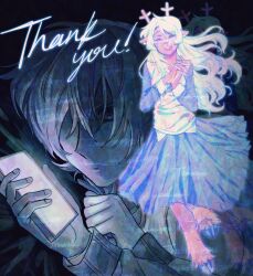  1girl 1other absurdres animal_ears antlers black_skirt blonde_hair blood blood_on_hands cellphone closed_eyes commentary deer_antlers deer_ears deer_girl deltarune english_commentary english_text furry furry_female goomyloid highres holding holding_phone hooves horns kris_(deltarune) noelle_holiday own_hands_together phone skirt smartphone smile thank_you utdr_(toby_fox) 