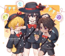  3boys :p akanbe aqua_eyes asyker black_eyes black_hair black_hat black_shirt black_shorts blonde_hair bow bowtie brown_hair buttons chinese_commentary collared_shirt commentary_request crying dark-skinned_male dark_skin double-breasted eyelid_pull hat hat_bow heathcliff_(project_moon) highres hong_lu_(project_moon) limbus_company long_hair multiple_boys open_mouth project_moon red_bow red_bowtie scar scar_on_face shirt shorts sinclair_(project_moon) smile speech_bubble tongue tongue_out v-neck very_long_hair violet_eyes white_shirt 